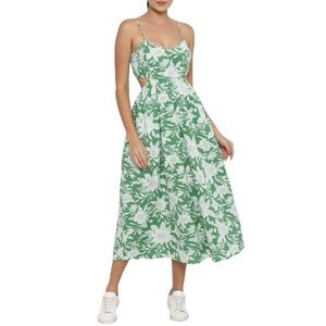 American Eagle Linen Cotton Green Floral Vacation Sunset Pockets Midi Dress S
